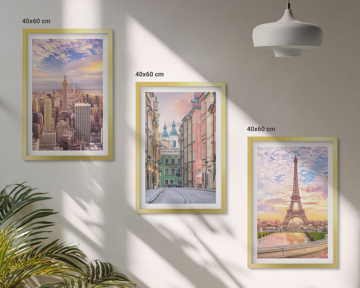 WANDBILDER 3er Set - 40x60 cm Goldrahmen - Städte New York Paris Dämmerung - Goldfarben, Kunststoff (40/60cm) - ArtPrintCave