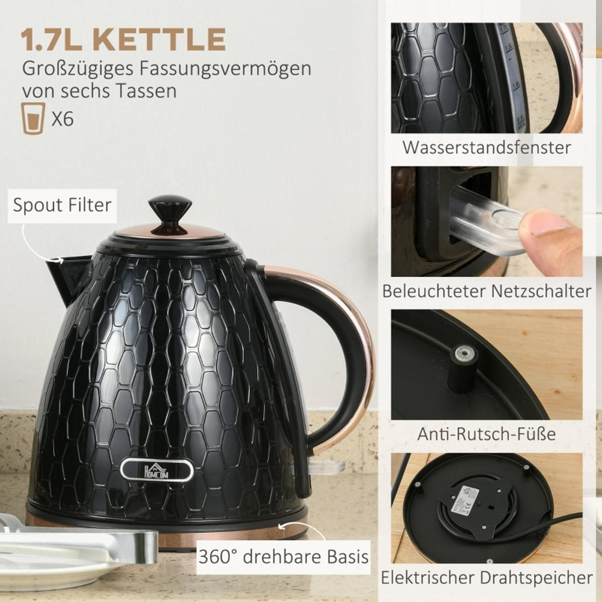 WASSERKOCHER-TOASTER SET, 1,7 L, 4 Scheiben, Kunststoff, Schwarz - Schwarz, Kunststoff (19.5/23.4/24.2cm) - Rolipo