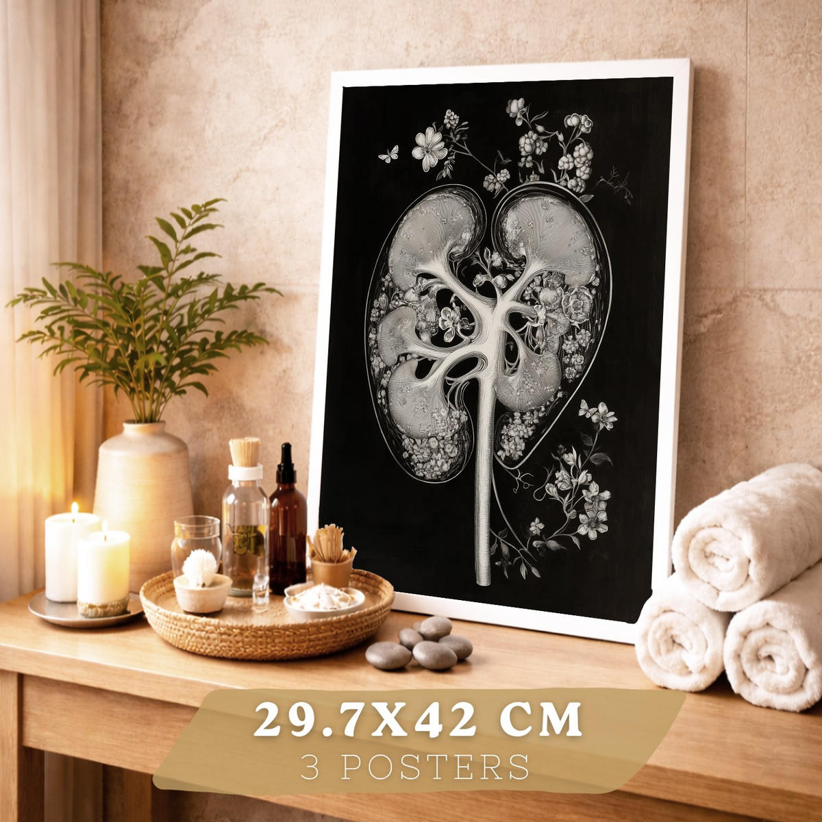 POSTER Set aus 3 Anatomie Mensch Drucke und Wandbilder mit Niere Harnsystem Gehirn und Herz Klassisches Schwarz Weiß Design Größe Weißer Rahmen A3 - Weiß, Papier (29.7/42/3cm) - Nacnic