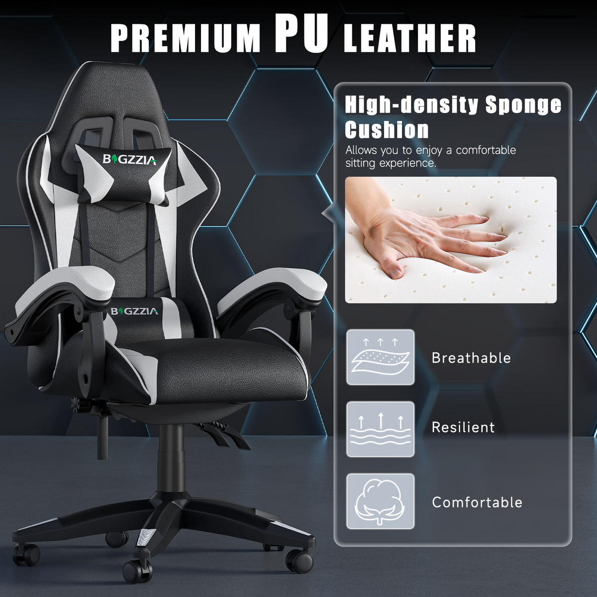 GAMING-STUHL ergonomisch, verstellbare Rückenlehne, Kissen – Schwarz/Weiß - Weiß, Leder (59/120/56cm) - Rattantree