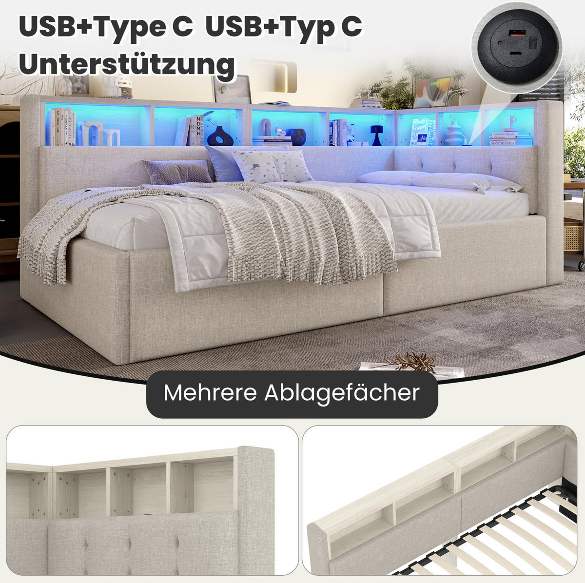 KREVET 90/200 cm s USB i Typ-C priključcima, LED osvjetljenjem i hidrauličnim spremištem, Bež - bež, tekstil (90/200cm) - Redom