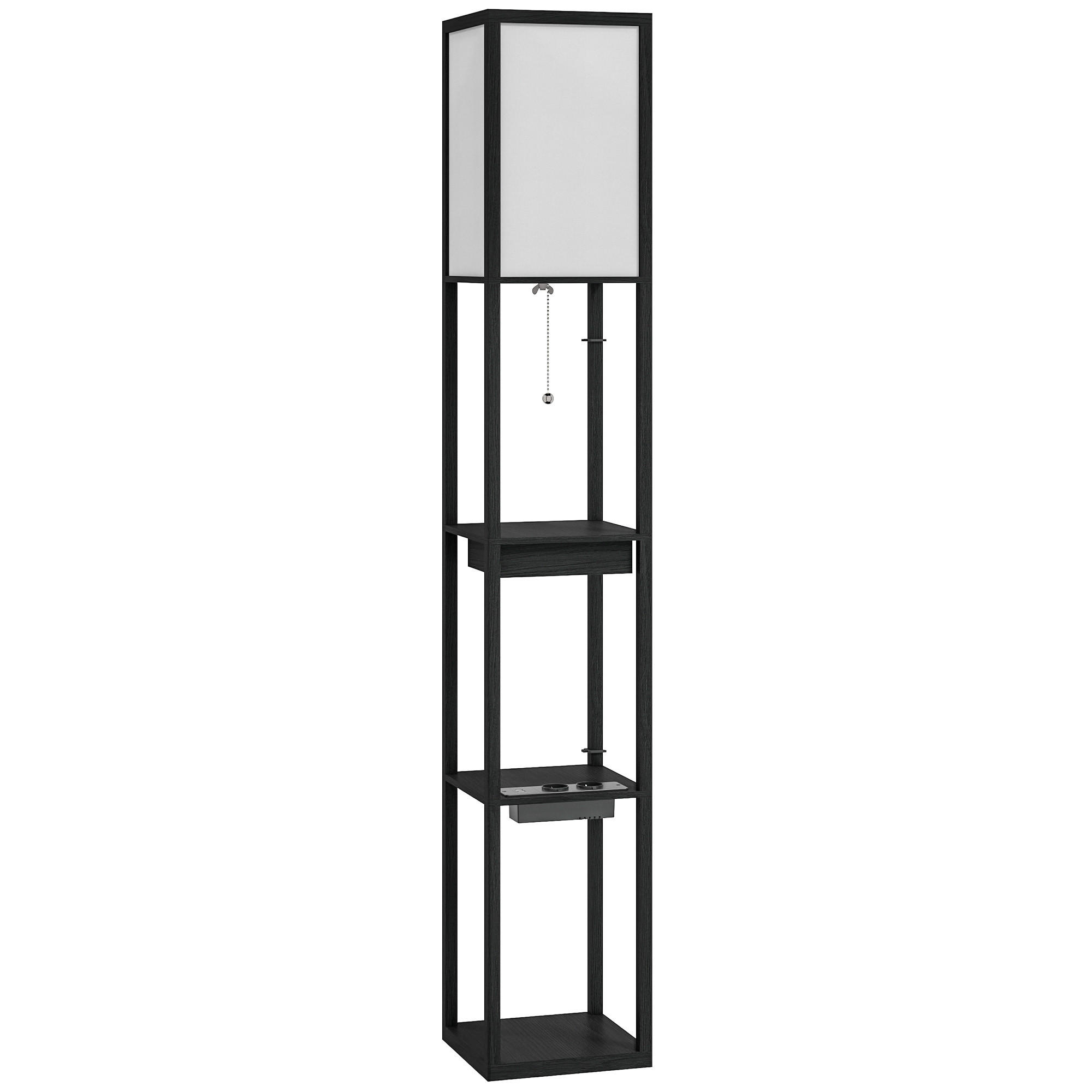 STEHLAMPE, Stehleuchte mit 3 Fächern, E27 Sockel, USB-A, USB-C Anschlüssen - Schwarz, Holzwerkstoff (26/26/159cm) - HOMCOM