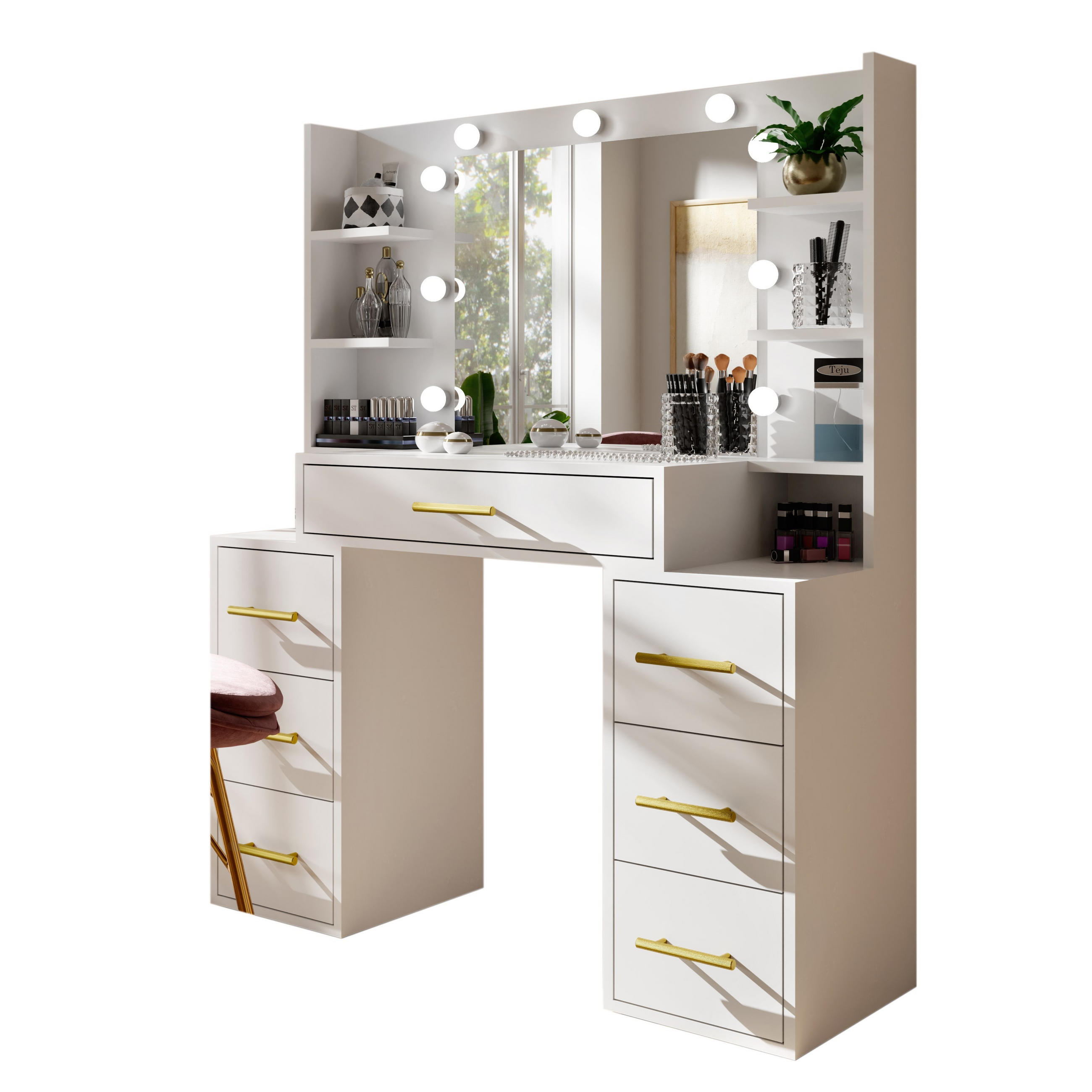 SCHMINKTISCH Star Weiß, mit Spiegel und Beleuchtung - Weiß, Glas/Holzwerkstoff (110/140/40cm) - Bettso