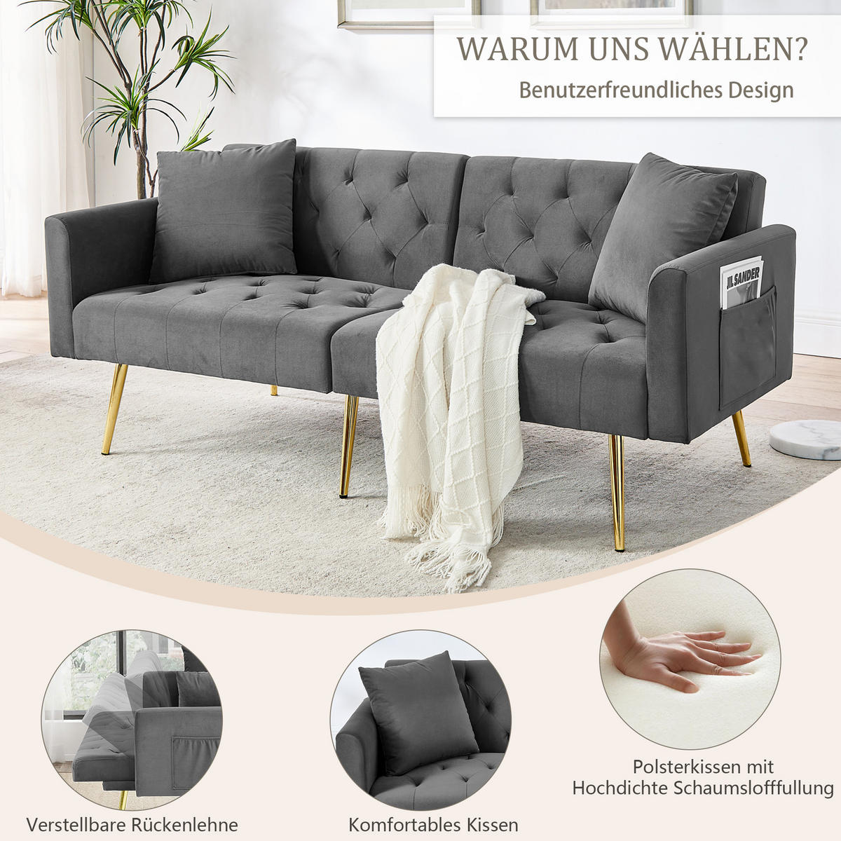 SCHLAFSOFA 177/78/74 cm in Gray Samt mit Aufbewahrungstasche - Grau, Textil (78/74/177cm) - Oxeza