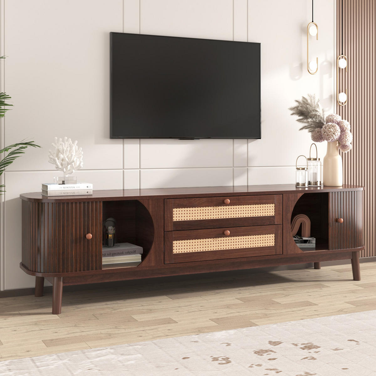 TV-SCHRANK Landhausstil mit Türen & Schubladen Rattanseiten Natur - Braun, Holz (39.5/46/170cm) - FLIEKS