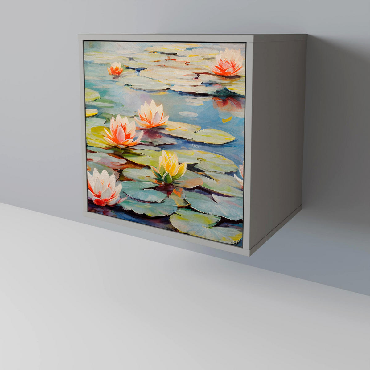 SIDEBOARD BLOOMING WATERS, Grau, 57,5x42x67,5 cm, Schwarze Metall-Rahmenfüße - Multicolor/Schwarz, Holzwerkstoff/Metall (57.5/67.5/42cm) - SpaceRebels