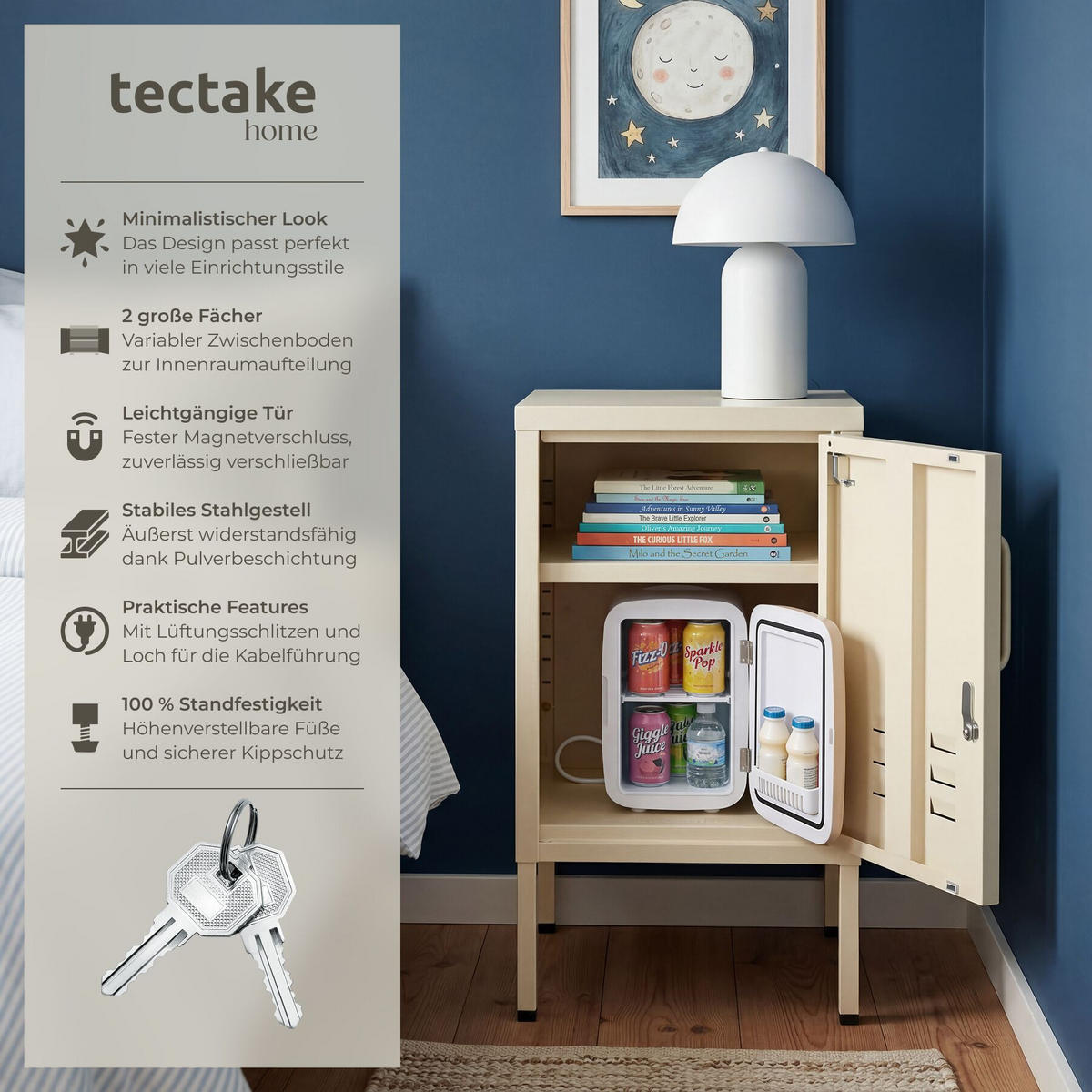 NACHTSCHRANK Baker, Kippschutz, höhenverstellbare Füße, creme - Creme, Metall (35/60.5/42.5cm) - tectake
