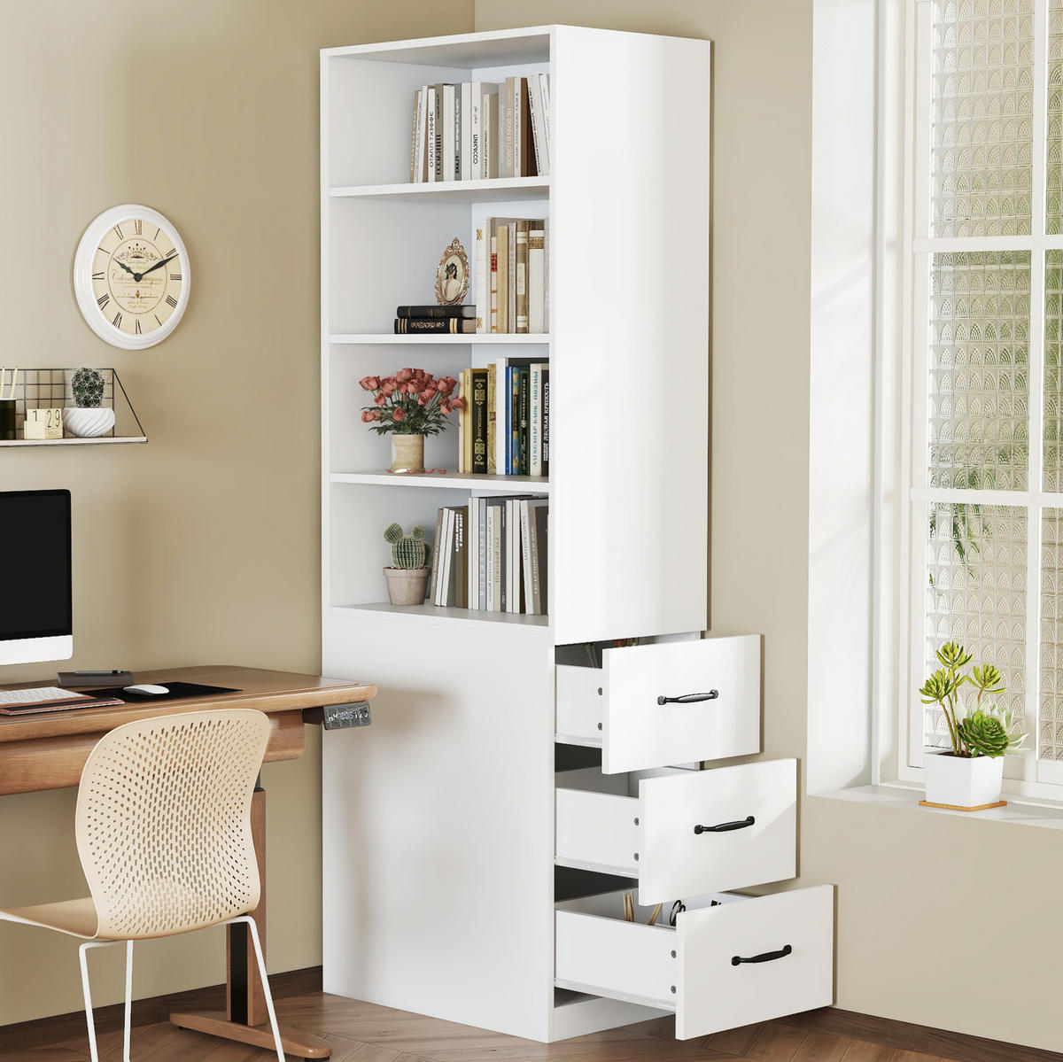 HIGHBOARD mit Schubladen 60/38/180 cm in Weiß – schmal mit viel Stauraum - Weiß, Holzwerkstoff (60/180/38cm) - BEAOK