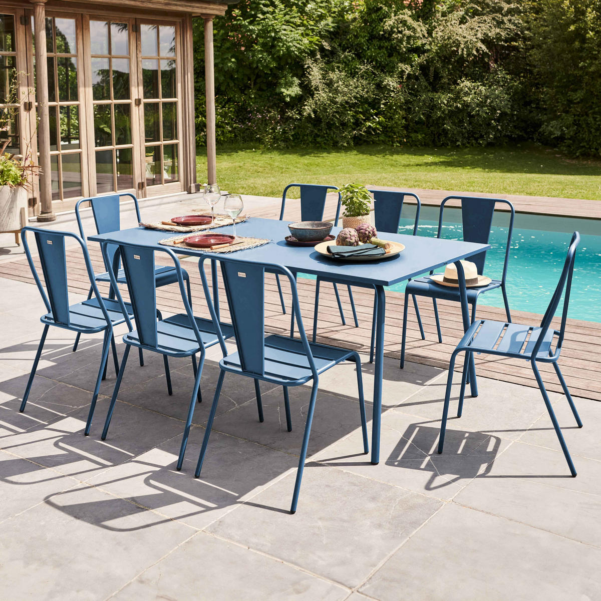 GARTENTISCH , Pazifikblau - Dunkelblau, Metall (180/90/72cm) - Oviala
