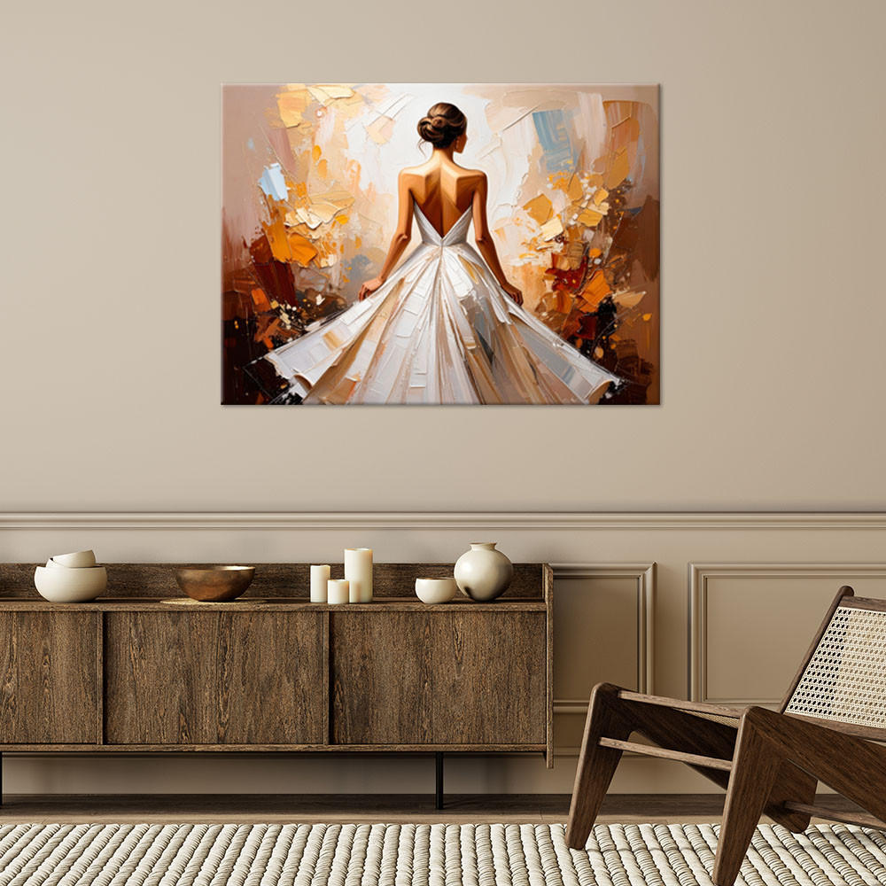 LEINWANDBILD Frau in elegantem weißem Kleid 90x60cm - Beige, Textil (90/60cm) - Feeby