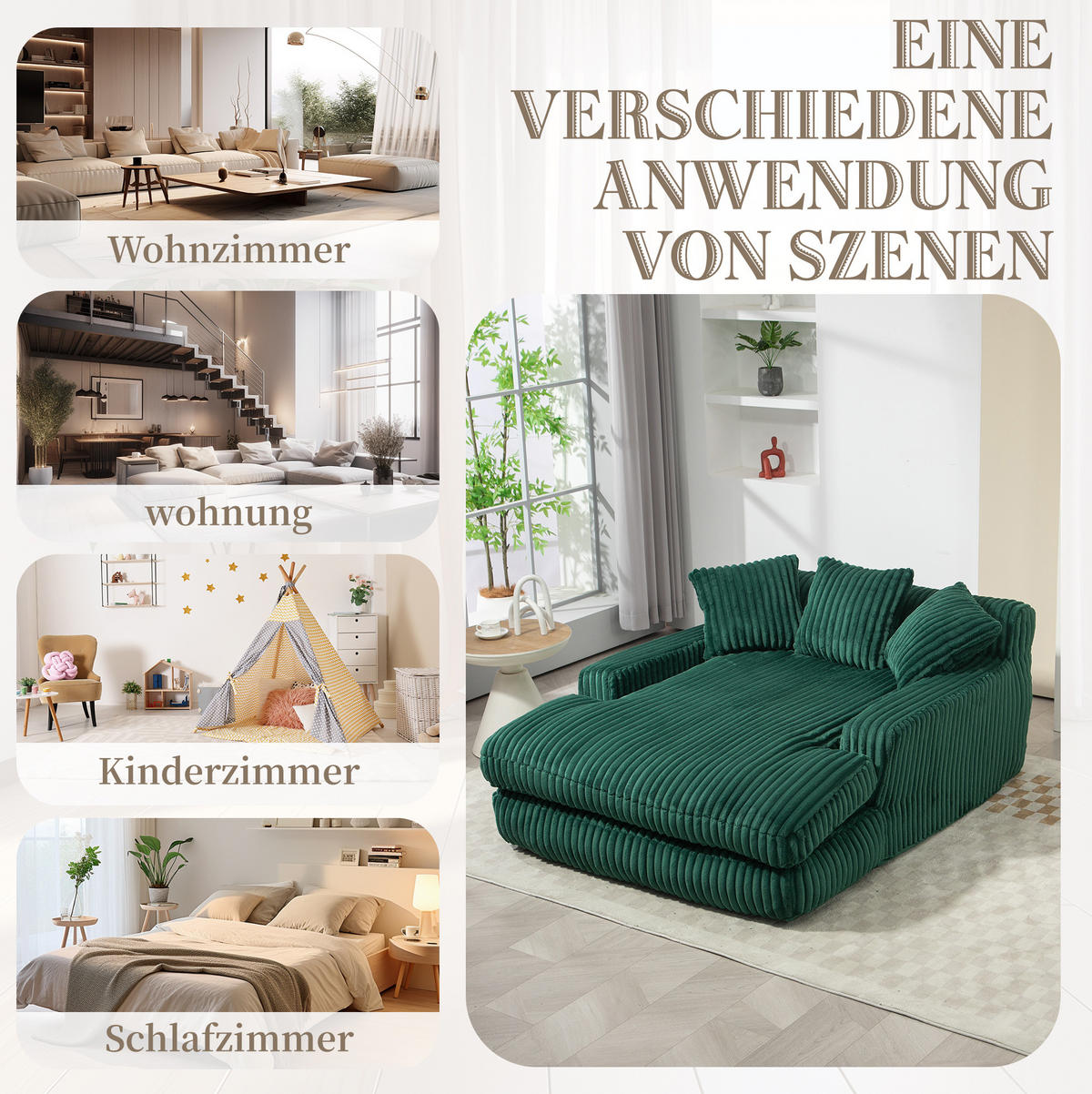 BIGSOFA Chaiselongue Cord mit 3 Kissen bodennah und ergonomisch 125/155/63 cm Smaragdgrün - Smaragdgrün, Textil (63/125/155cm) - Redom