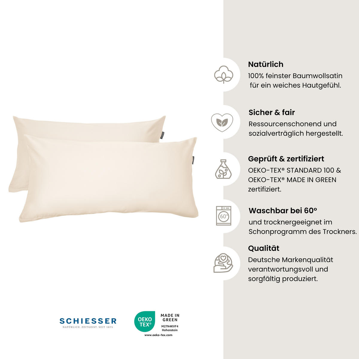 KISSENHÜLLENSET Ella - Baumwollsatin - 2-teilig - 40 x 80 cm - Perlmutt - Creme, Textil (40/80cm) - SCHIESSER