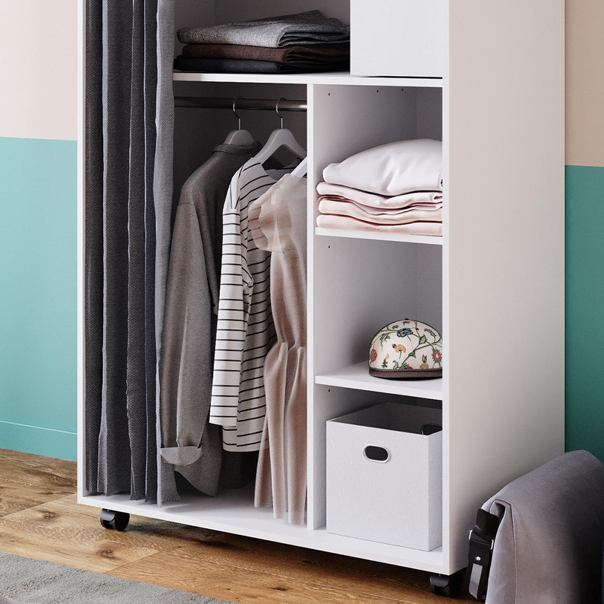 KLEIDERSCHRANK Doros Weiß 100 x 146.6 cm mit Rollen - Weiß, Holzwerkstoff (100/146.6/50cm) - Vicco