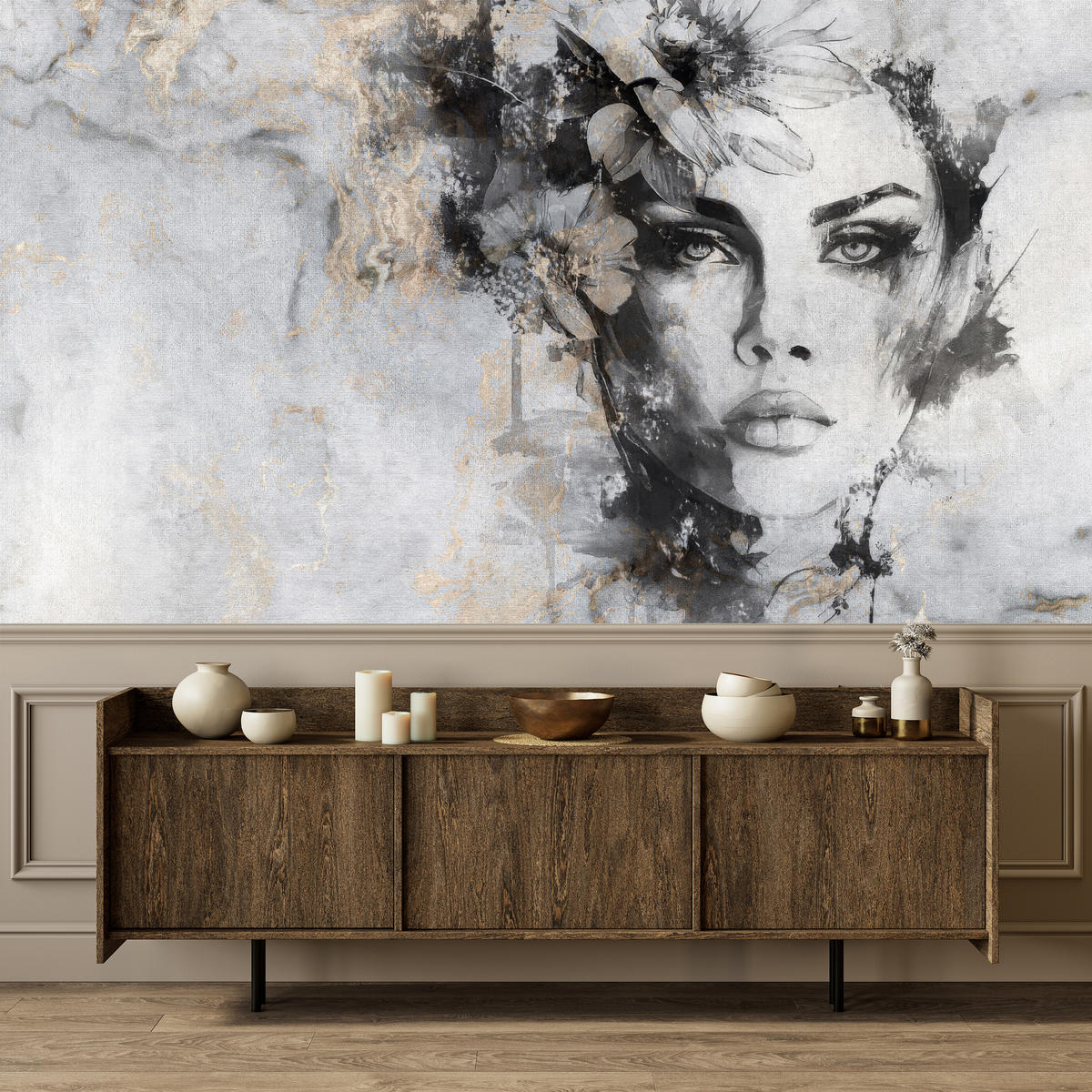 FOTOTAPETE für Wohnzimmer Frau Porträt Beton Blumen Modern 400x280 - Goldfarben/Schwarz, Papier (400/280cm) - Muralo