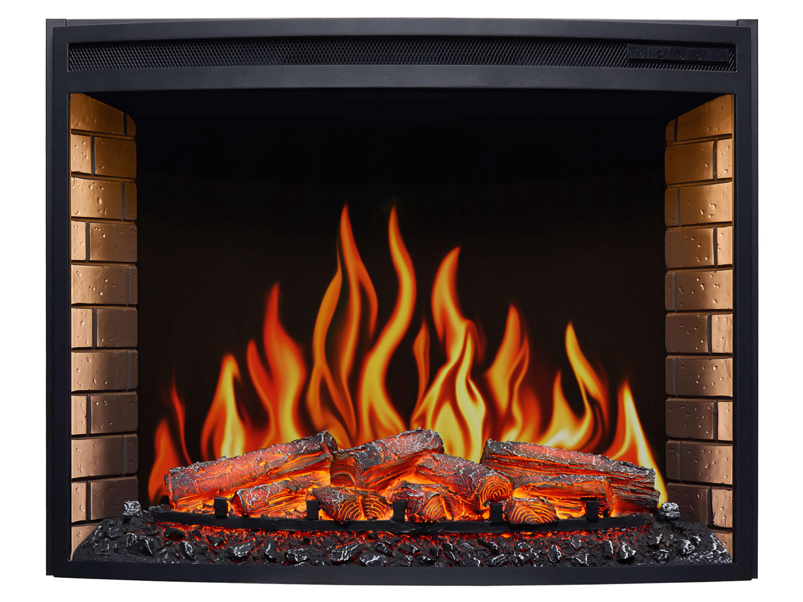 EINBAU-ELEKTROKAMINEINSATZ AF33 – gebogene Scheibe, Breite ≈ 85 cm, 3D-Flammeneffekt, LED-Bleuchtung, Heizfunktion - Schwarz, Glas/Metall (86.6/67.6/86.6cm) - ArtiFlame