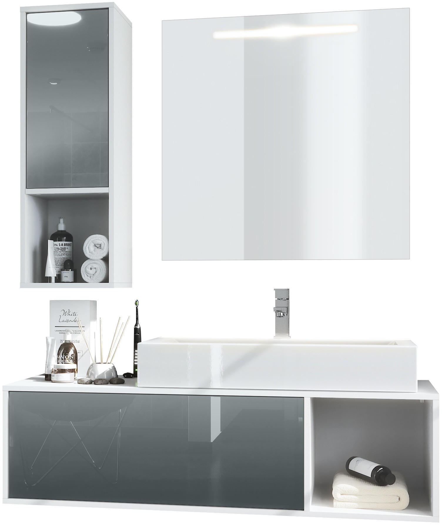 BADMÖBELSET La Costa Fronten in Grau Hochglanz - Grau, Holzwerkstoff (126.5/190/46cm) - Vladon