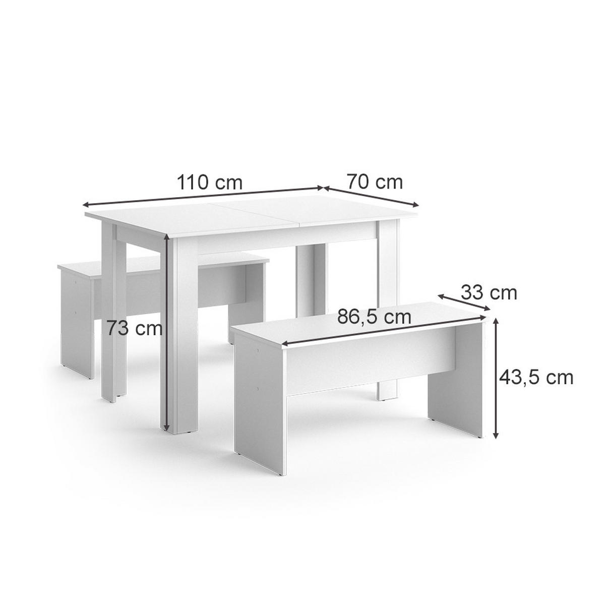 ESSTISCH SET Sentio Weiß 110 x 70 cm mit 2 Bänken - Weiß, Holzwerkstoff (110/73/70cm) - Vicco