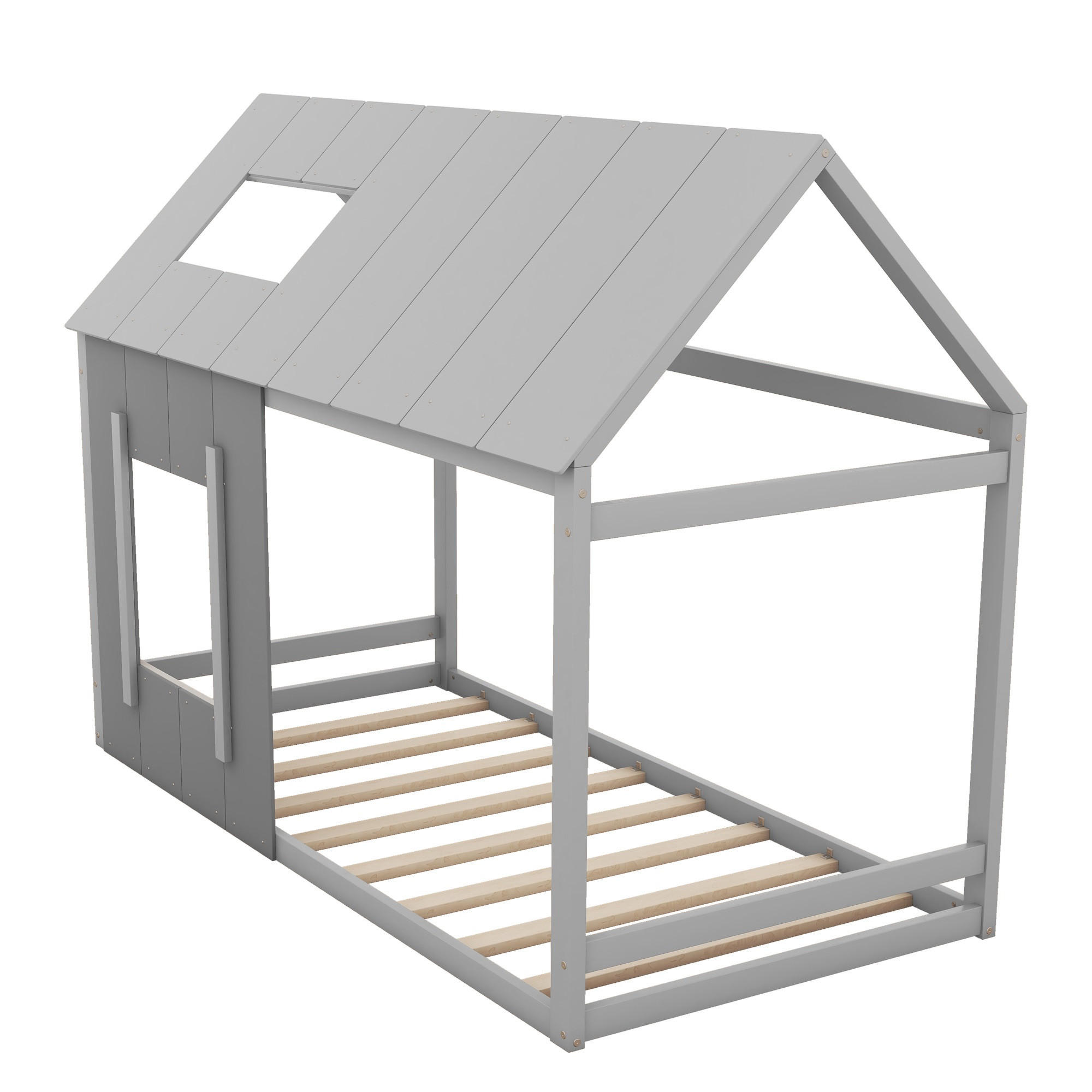 HAUSBETT 90/200 cm DE-04776, mit Dach und Fenster in Grau - Grau, Holzwerkstoff (90/200cm) - ComfortXL