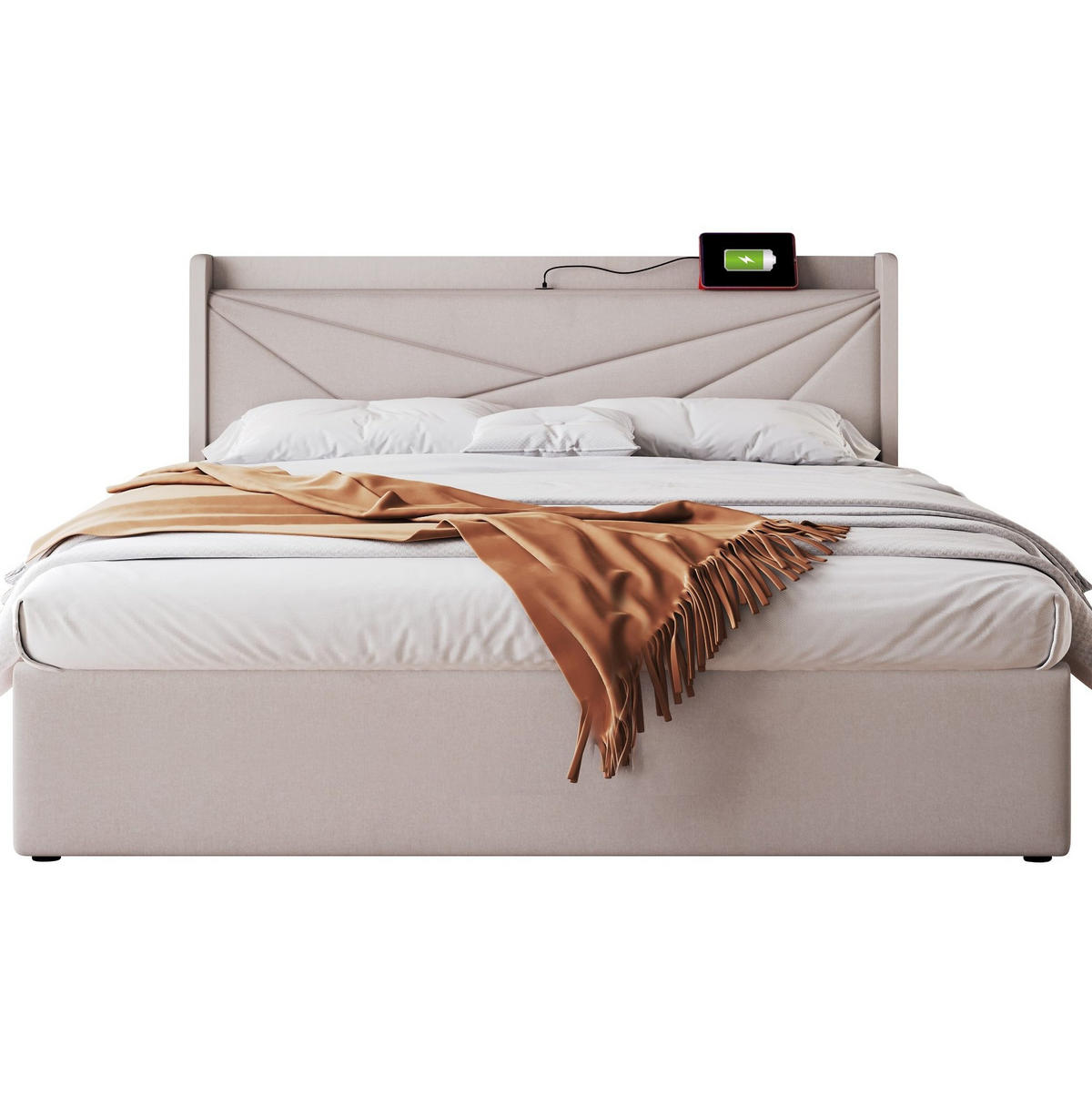 POLSTERBETT 140/200 cm Beige mit Stauraum und USB- und Type-C-Anschlüssen aus Baumwoll-Leinen - Beige, Textil (140/200cm) - OKWISH