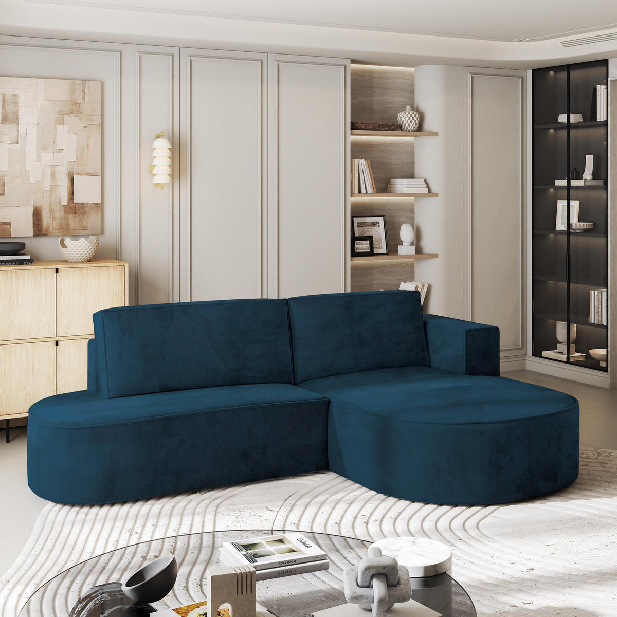 ROHOVÁ SEDAČKA CORTIO modrá - šedá/modrá, dřevo/textil (265/174cm) - MASSENO