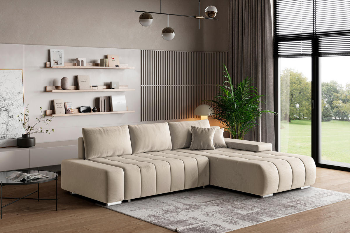 ECKSOFA ALESE R-S Creme Velours-Stoff mit Schlaffunktion - Creme, Holz (265/185cm) - MASSENO