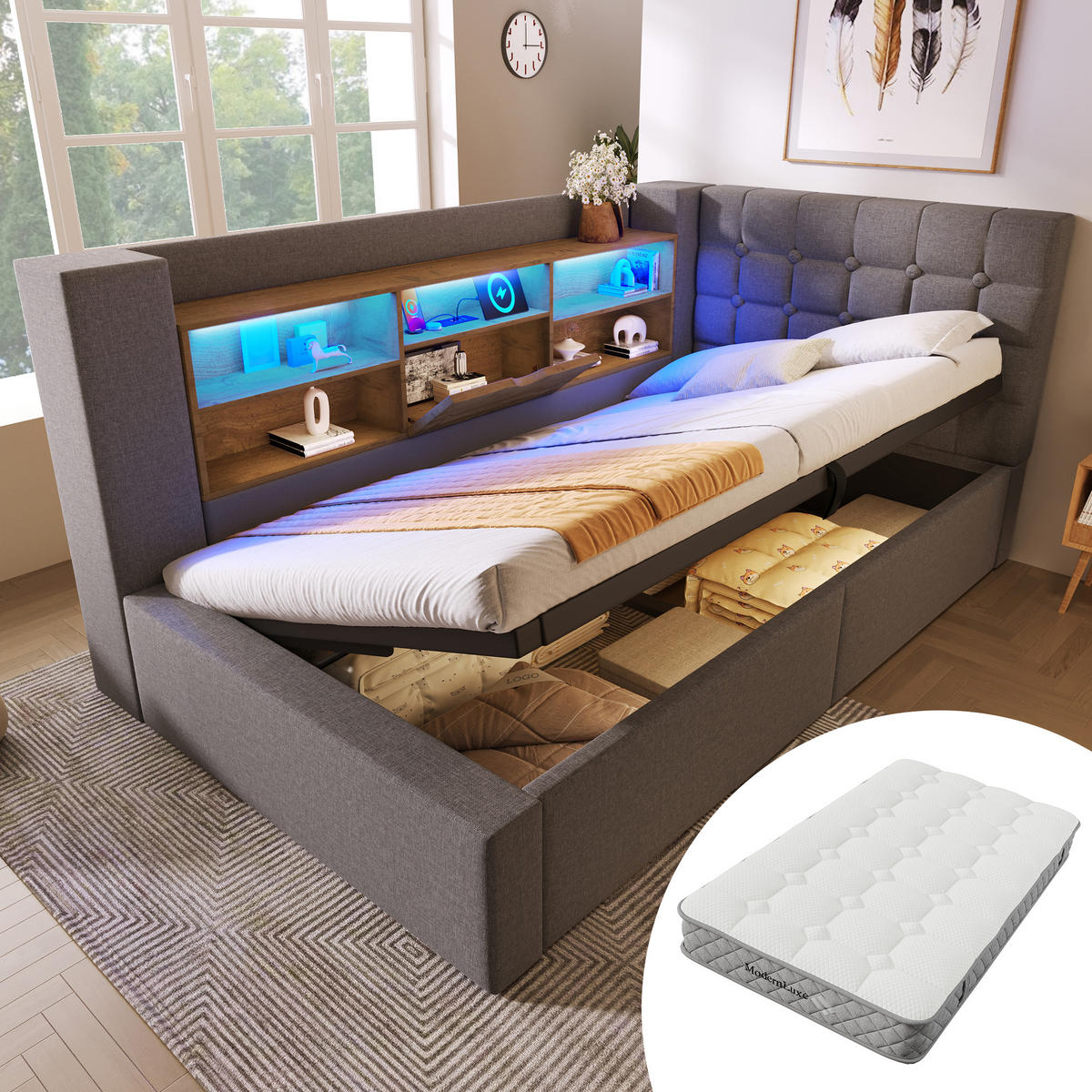 POLSTERBETT 90/200 cm in Grau Leinen mit Stauraum, LED und USB - Grau, Holzwerkstoff/Textil (90/200cm) - WISHDOR