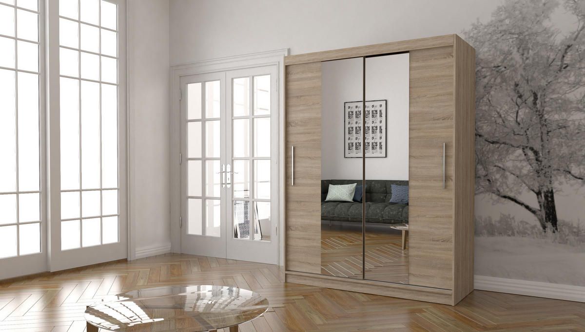 SCHWEBETÜRENSCHRANK Vista 01 Sonoma Eiche/Sonoma Eiche + Spiegel, mit LED - Beleuchtung 150 cm - Alufarben/Sonoma Eiche, Glas/Holzwerkstoff (150/200/61cm) - imoebel24