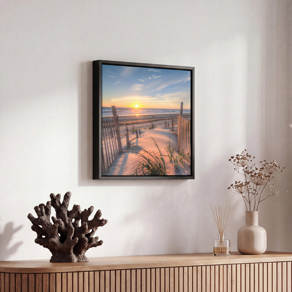 LEINWAND Bilder mit Rahmen - Strand - Meer - Düne - Sonnenuntergang - Landschaft - 20x20 - Beige, Textil (20/20cm) - MuchoWow