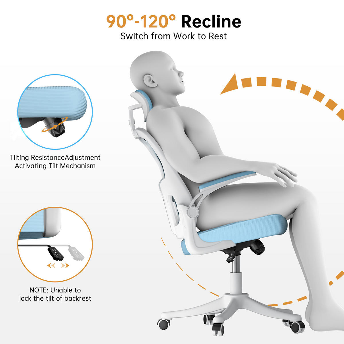 BÜROSTUHL ergonomisch Weiß-Blau mit Lendenstütze - Blau, Metall (58.5/28.5/61cm) - Rattrix