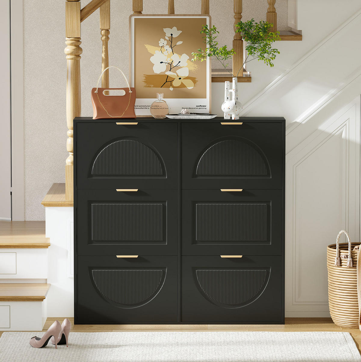 SCHUHSCHRANK 118/25/115 cm in Schwarz mit 6 Klappen und offenen Ablagen - Schwarz, Holzwerkstoff (118/115/25cm) - Flora Grace