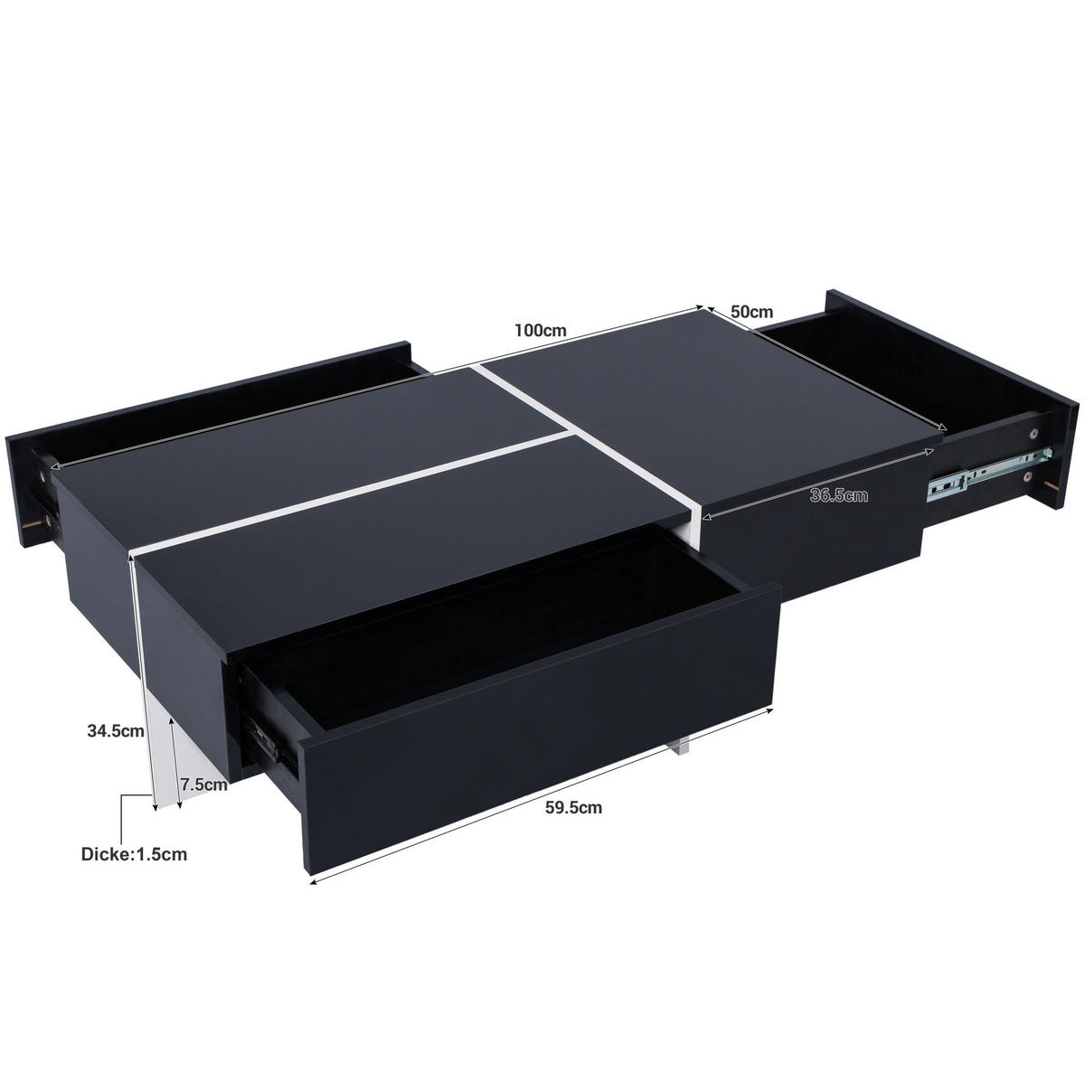 COUCHTISCH 100/50/34.5 cm schwarz aus Spanplatte mit LED-Beleuchtung und 3 Schubladen - Schwarz, Holzwerkstoff (100/50/34.5cm) - OKMYHOME