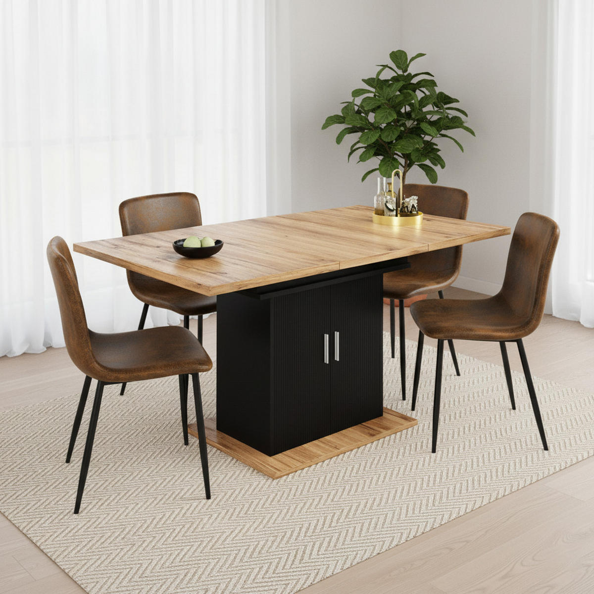 TISCHGRUPPE 5-teilig Ausziehtisch mit Stauraum & Lamellen-Optik & 4 Stühle Vintage-Braun - Schwarz/Eiche San Remo, Holzwerkstoff/Textil (140/76/70cm) - Urban Meuble