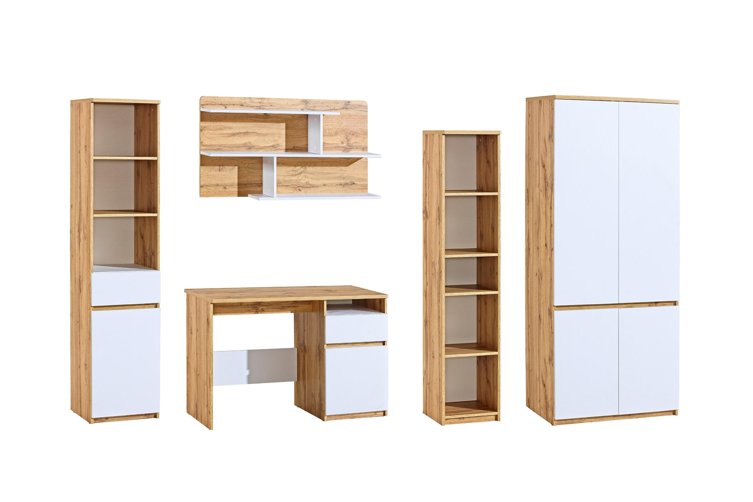 JUGNEDZIMME-SET ARCO B 5-teilig in Weiß Arctic Matt / Wotan Eiche - Eiche Wotan/Weiß, Holzwerkstoff (280/195/52cm) - Deine Möbel 24