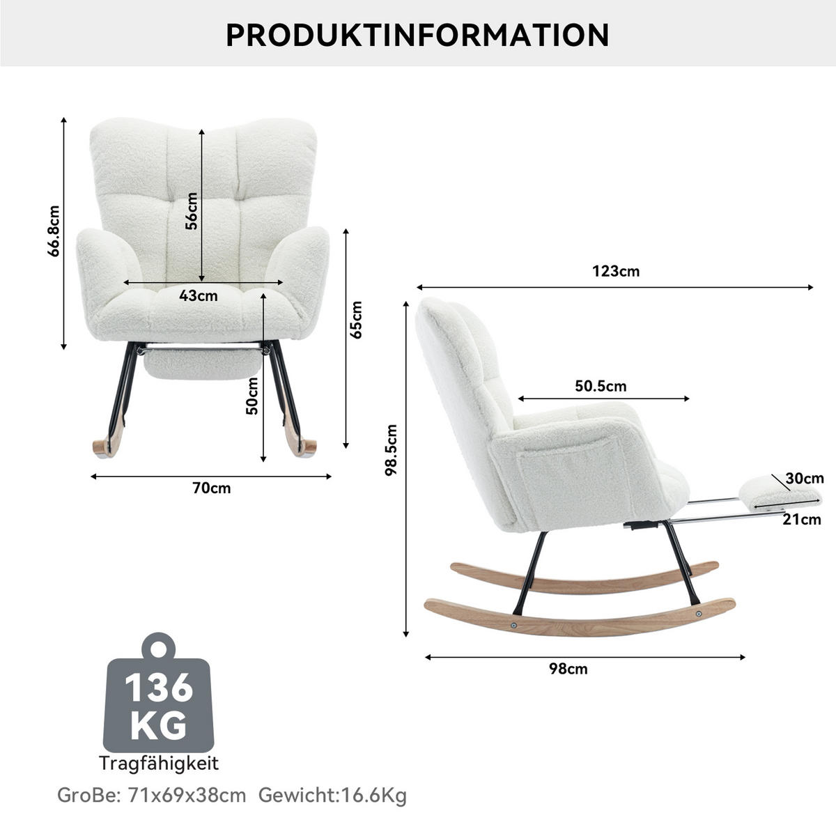 SCHAUKELSTUHL 98/70/98.5 cm Weiß mit Einziehbare Fußstütze - Weiß, Textil (98/98.5/80cm) - Oxeza
