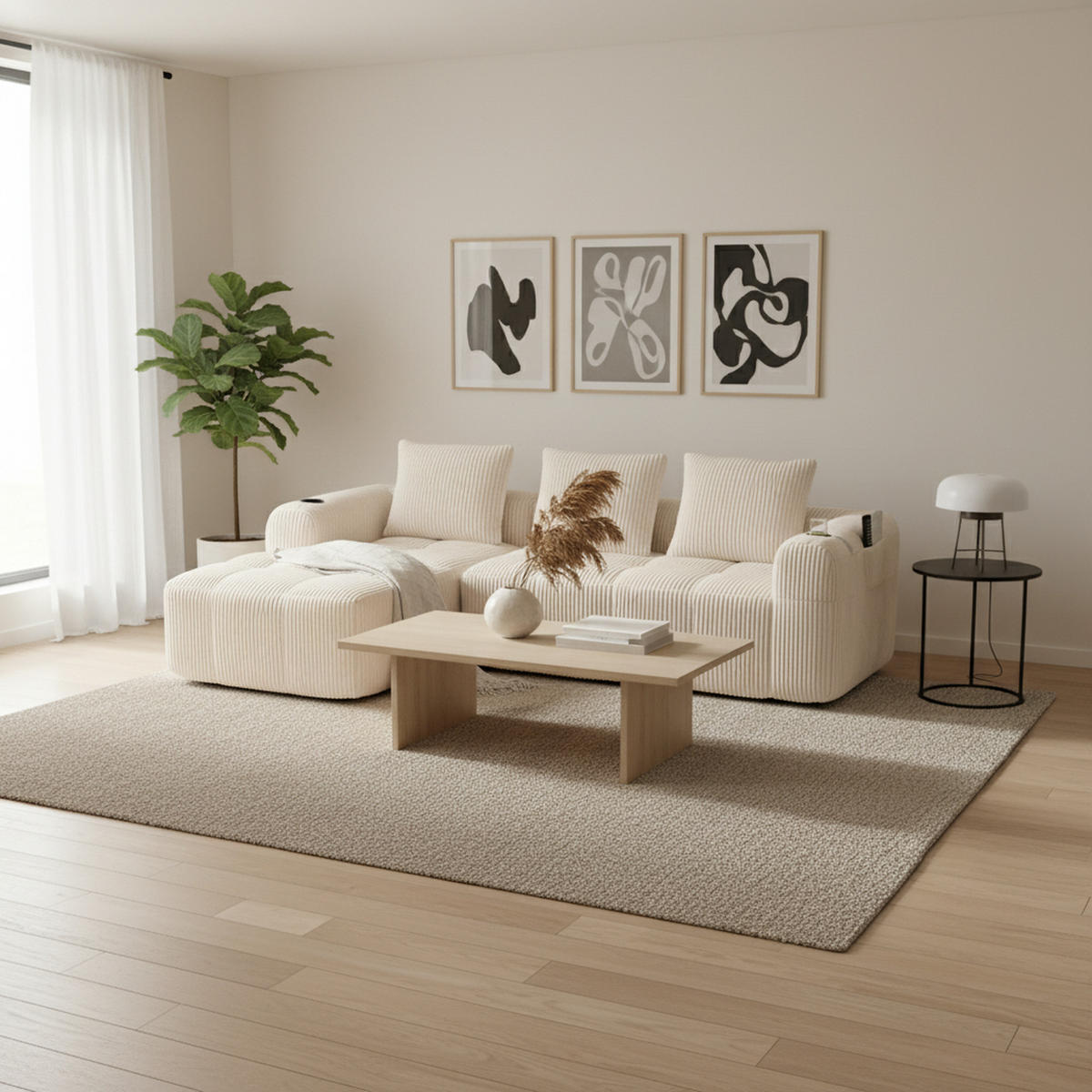 ROHOVÁ POHOVKA 3místná s držákem na pití, bočními kapsami a 3 polštáři - béžová, textil (253/158cm) - Urban Meuble