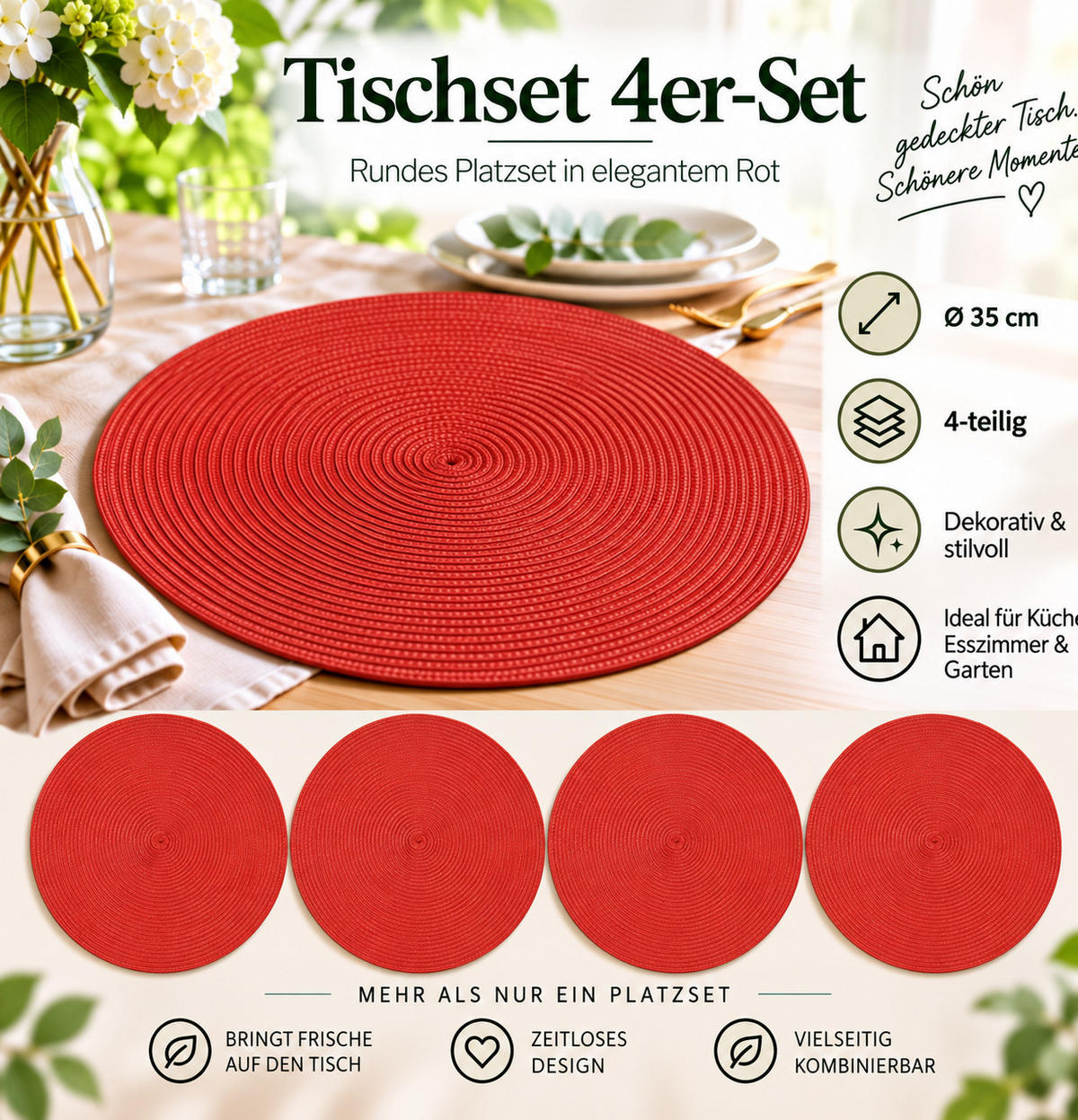 PLATZSET 4er Set Polypro Rot 35 cm rund - Rot, Kunststoff (35cm) - TiborTex