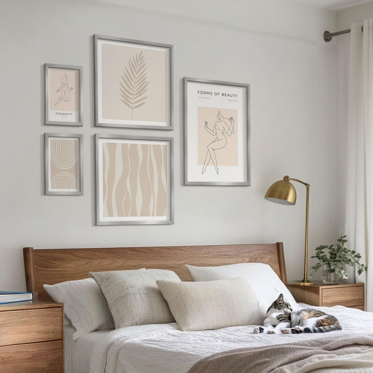 BILDER SET 5er Set - 50x50 cm & 20x30 cm & 40x60 cm Silberner Rahmen - Abstrakte Boho-Dekorationen - Silberfarben, Kunststoff (40/60cm) - TULUP