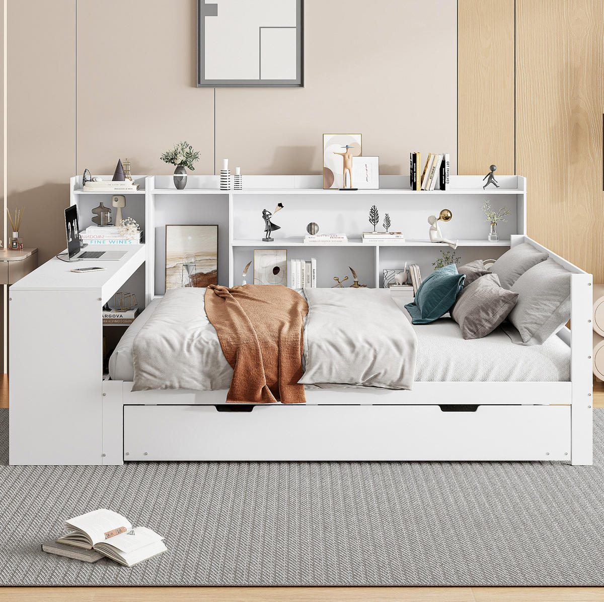 SCHLAFSOFA 140x200 cm Weiß mit Ausziehbett, Schreibtisch, Regalen und USB-Anschlüssen - Weiß, Holzwerkstoff (90/200cm) - IVMEU