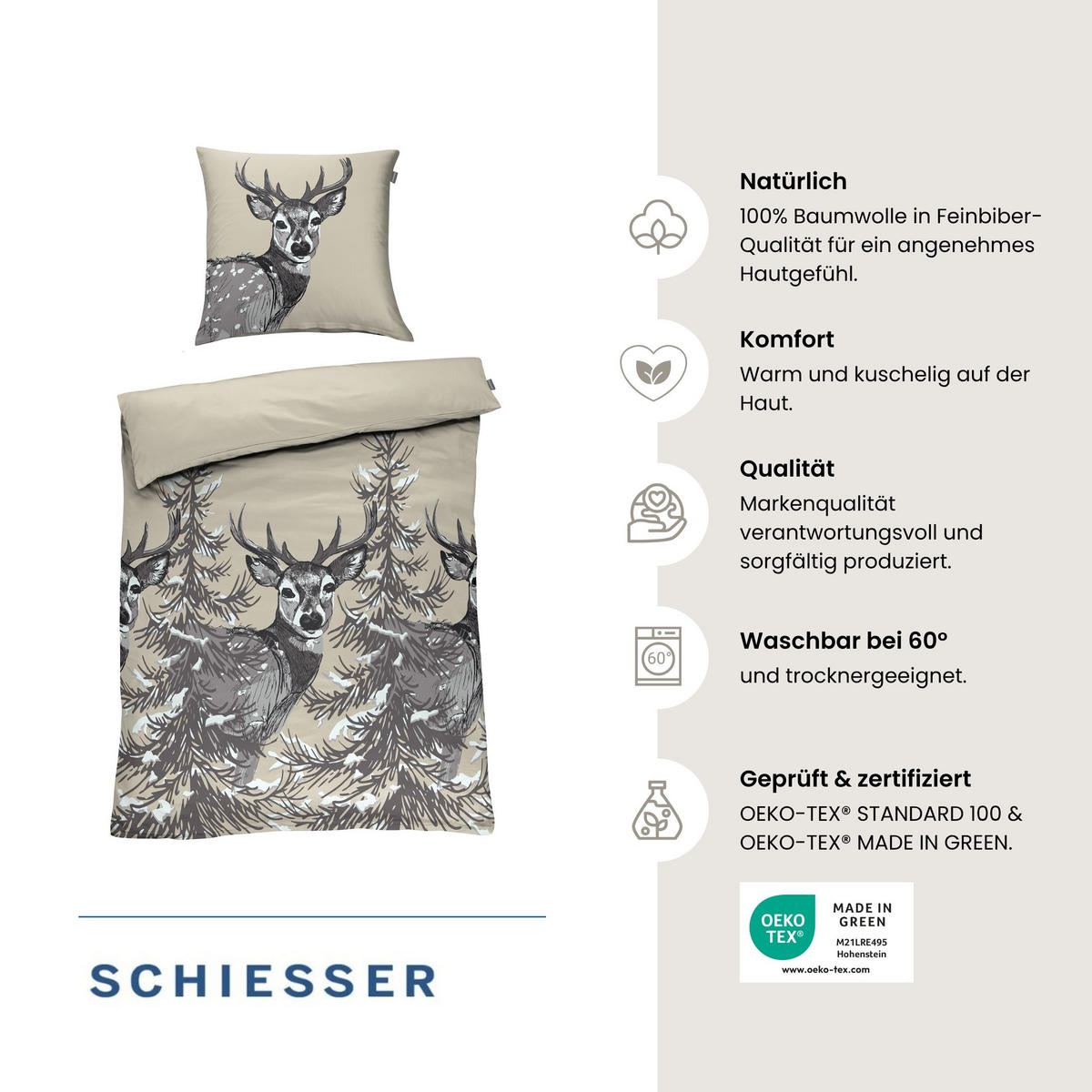 BETTWÄSCHESET Holi - Feinbiber - 2-teilig - 135x200 cm - Grau - Grau, Textil (135/200cm) - SCHIESSER