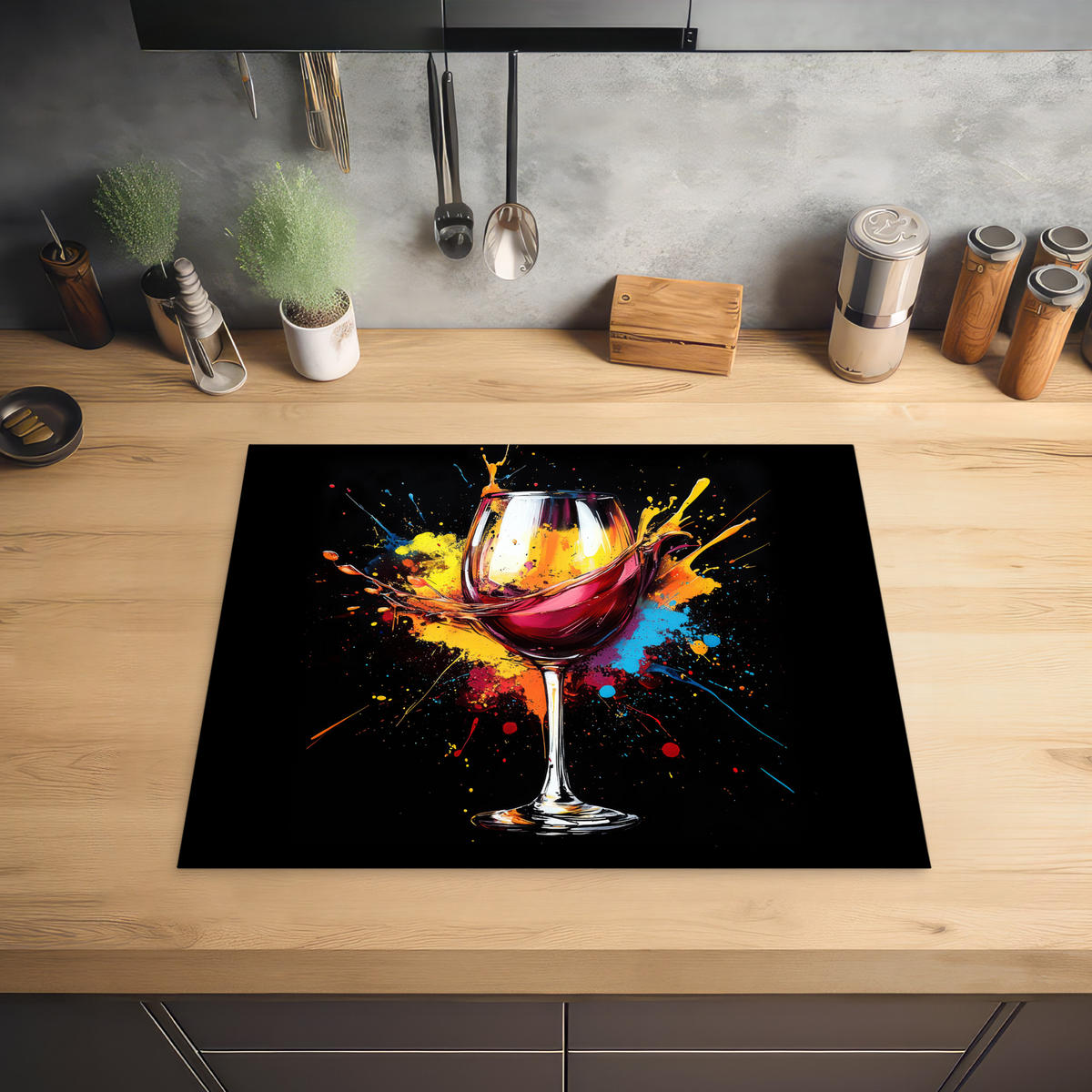 HERABDECKPLATTE - Wein - Glas - Graffiti - Getränk - Rot - Farbe - 65x55 - Weinrot, Kunststoff (65/55/0.2cm) - MuchoWow