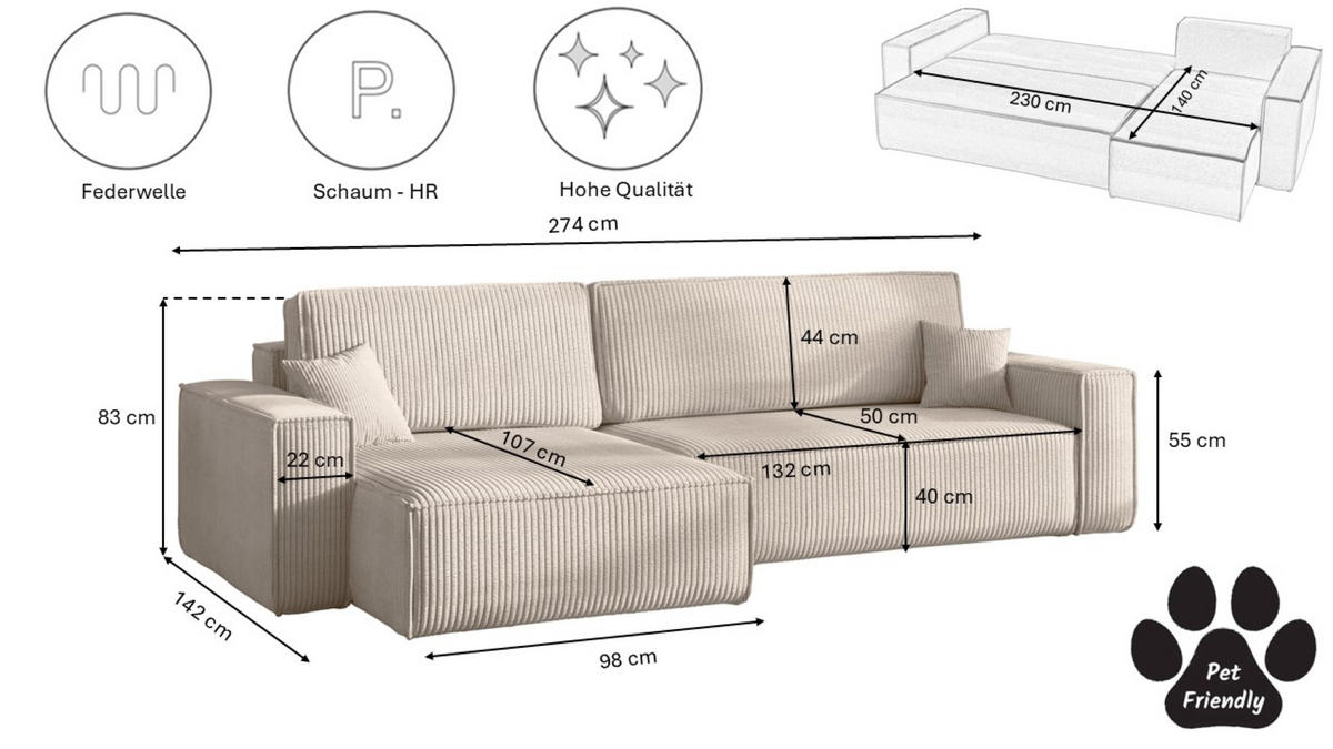 ECKSOFA Mit Schlaffunktion Und Bettkasten, Eckcouch BEST XL Stoff Poso Dicker Cord Beige Links - Creme/Schwarz, Holz/Kunststoff (142/274cm) - Kaiser Möbel