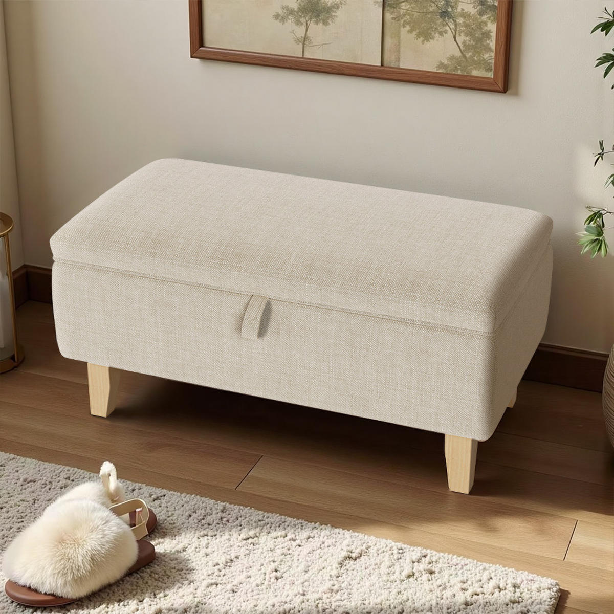 POLSTERHOCKER aus Leinen Schaumstoff Gummiholz in Beige 2-in-1-Design-Aufbewahrungshocker Stauraum 71/37/34 cm - Beige, Holz/Textil (71/34/37cm) - Livingandhome