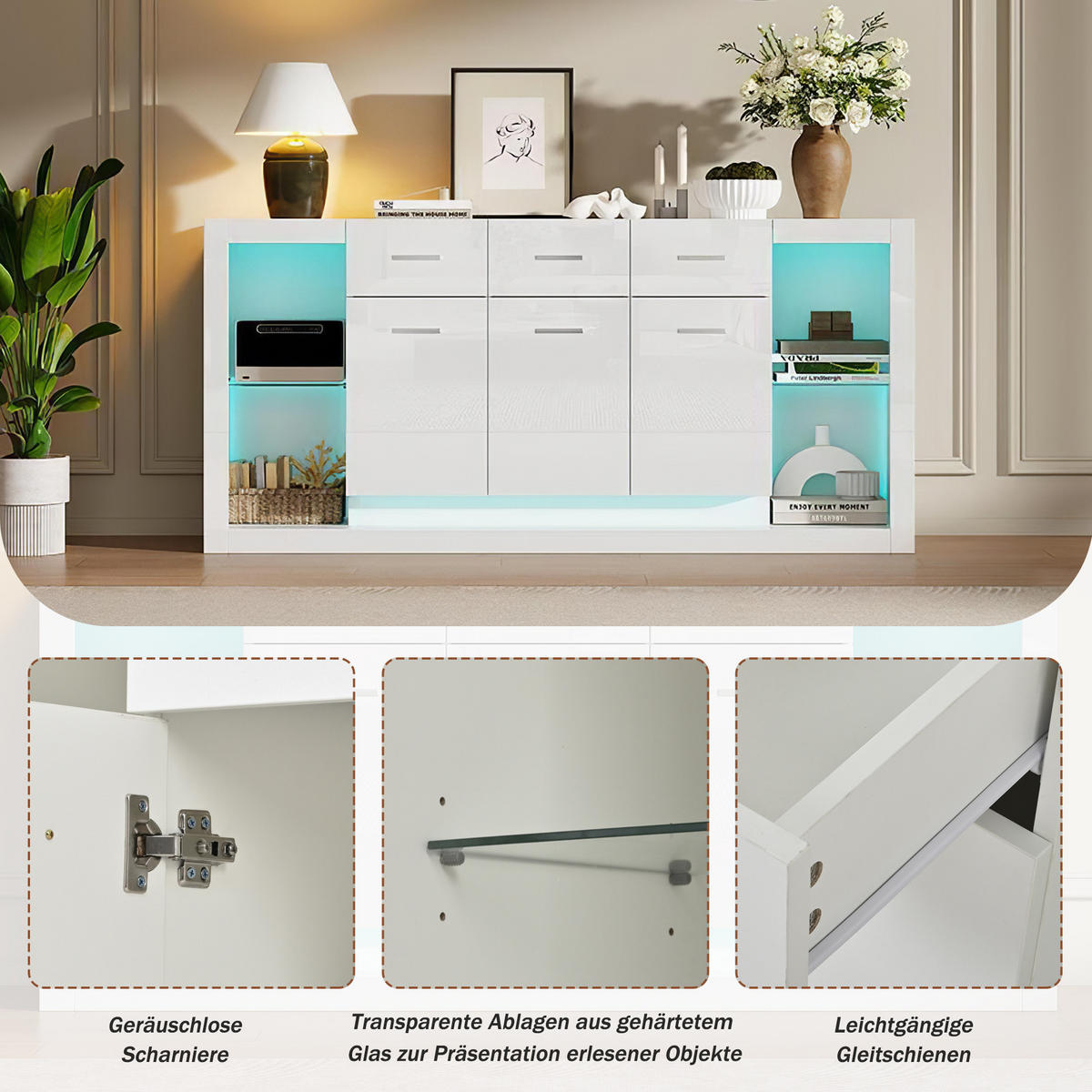 KOMODA 160x40x75 cm Bijela LED 3 ladice - bijela, drvni materijal (40/75/160cm) - FLIEKS