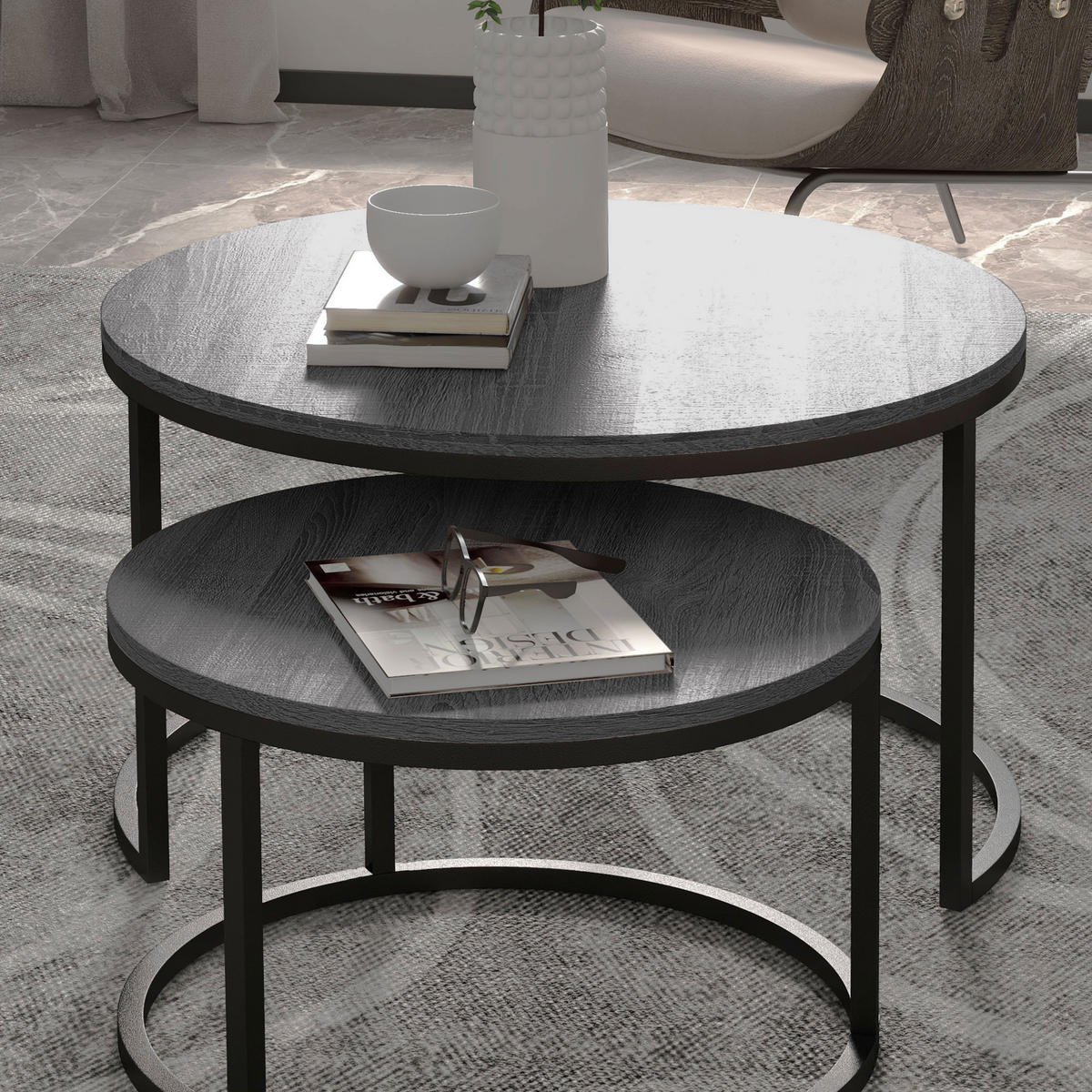 COUCHTISCH rund 2er Set Stapelbarer Beistelltisch mit Metallrahmen, Schwarz - Dunkelgrau, Metall (78.5/78.5/46.5cm) - HOMCOM