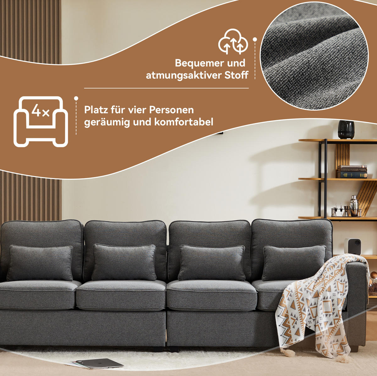 4-SITZER Sofa Leinenstoff mit Armlehnentaschen und 4 Kissen 264/83/87 cm Dunkelgrau - Dunkelgrau, Textil (87/264/83cm) - Redom