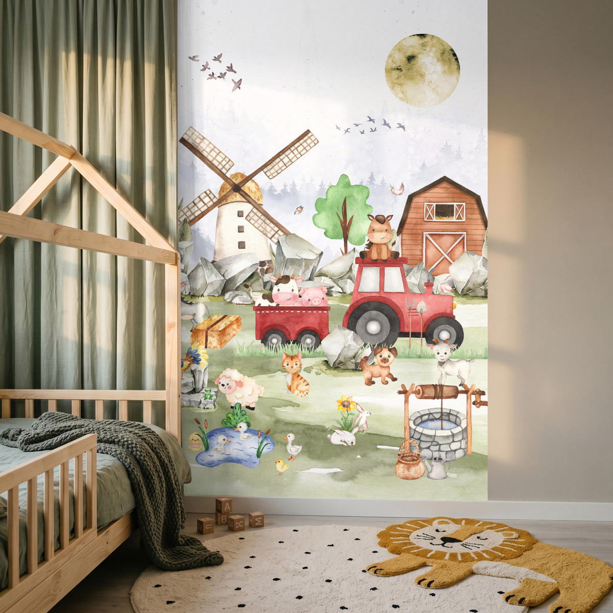 KINDERTAPETE - Bauernhof - Traktor - Kinder - Tiere - 140x200 cm - Weiß, Papier (140/200cm) - OnlyWow