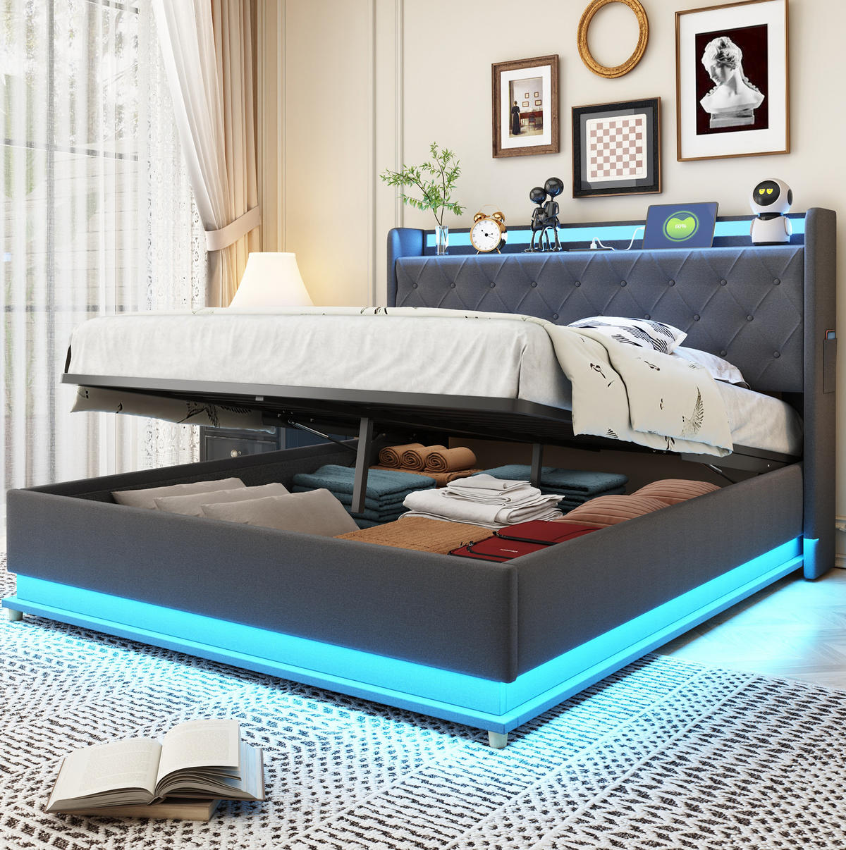ČALÚNENÁ posteľ 140/200 cm s LED osvetlením, USB portom a hydraulickým úložným priestorom, Sivá - sivá, textil (140/200cm) - Redom