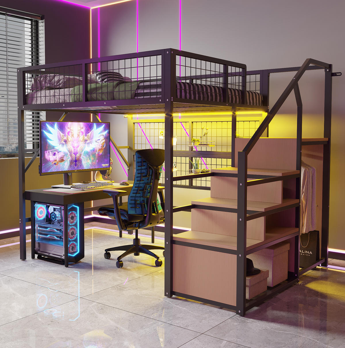 HOCHBETT 140/200 cm Schwarz mit LED-Beleuchtung und Treppe mit Stauraum - Schwarz, Metall (140/200cm) - Flora Grace
