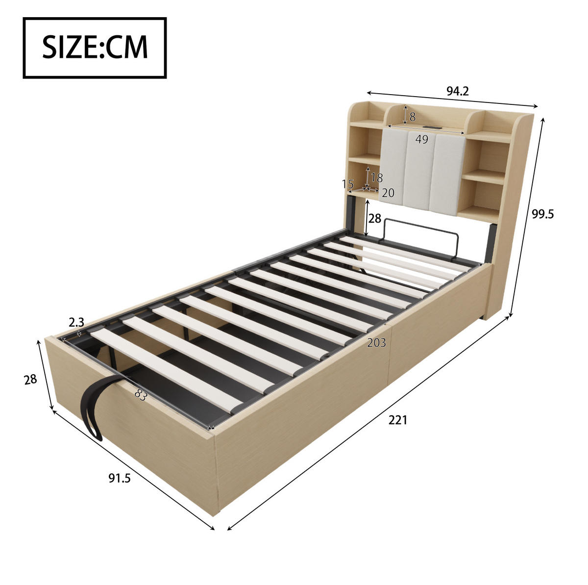 BETT 90/200 cm in Holzfarbe aus MDF mit Stauraum und USB-Anschlüssen - Naturfarben, Holzwerkstoff (90/200cm) - OKMYHOME