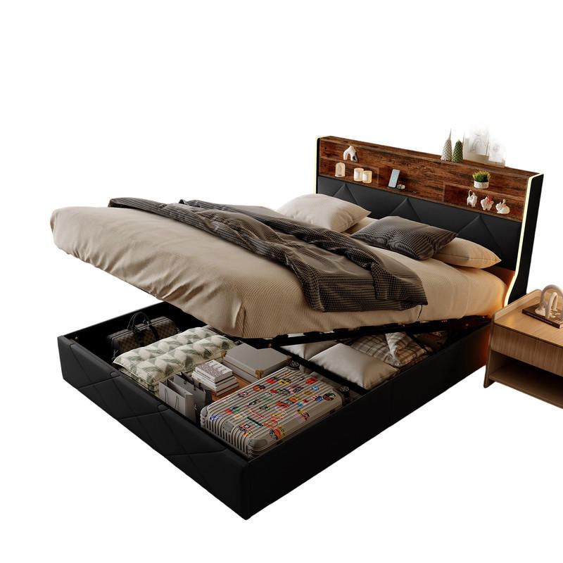 SHOPENTRA ČALOUNĚNÁ postel 160x200 cm Černá PU LED USB Type-C